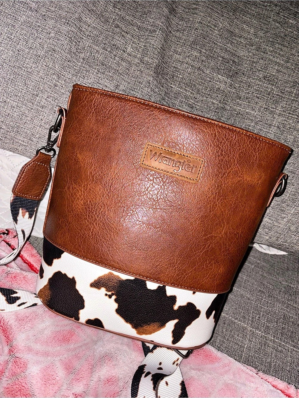 Wrangler Montana West Cow Print Crossbody Bucket Bag Bag